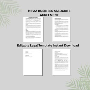 Könnte beinhalten: Vier weiße Papierdokumente mit schwarzem Text werden vor einem grauen Hintergrund angezeigt. Der obere Text lautet „HIPAA BUSINESS ASSOCIATE AGREEMENT“. Der untere Text lautet „Bearbeitbare juristische Vorlage Sofort-Download“.
