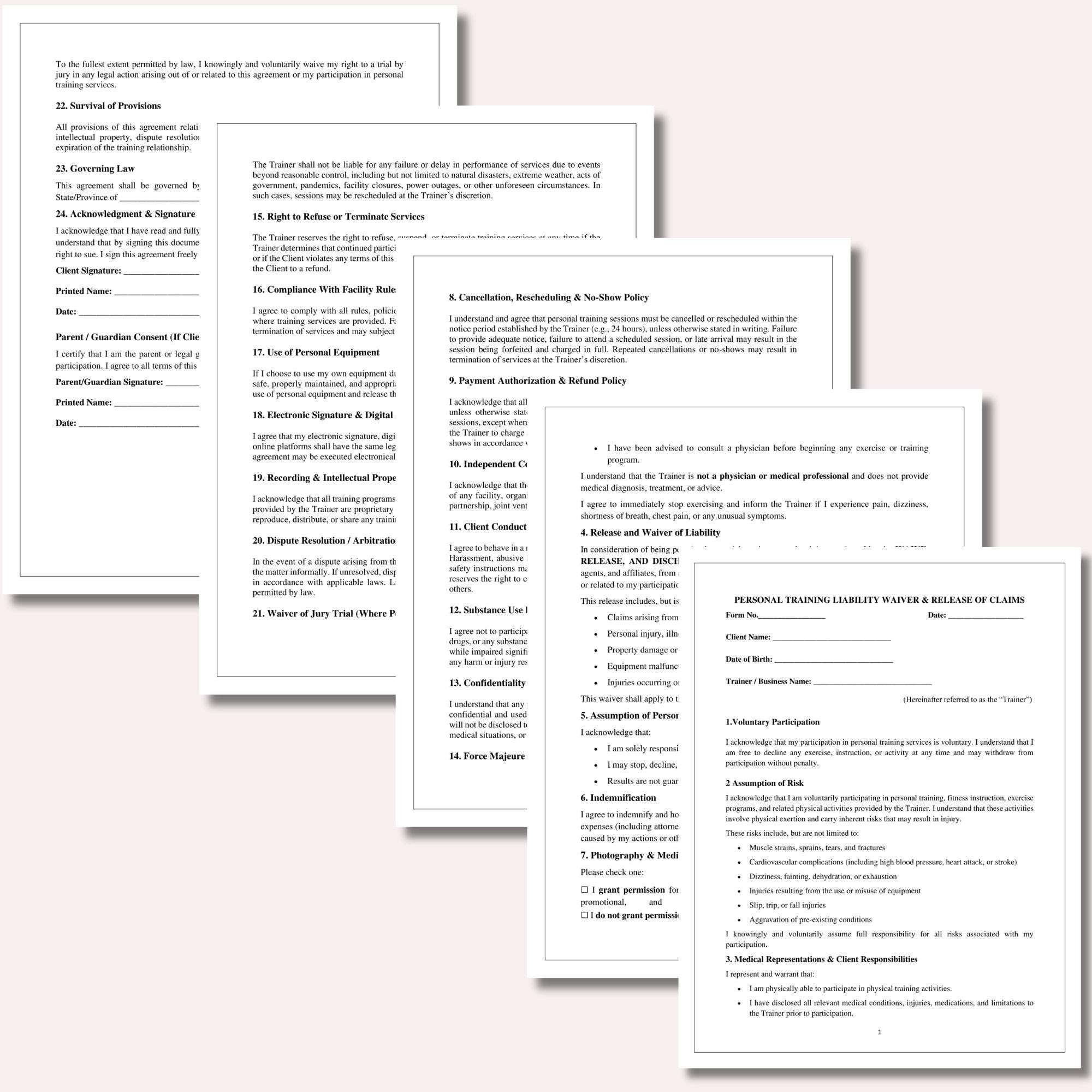 Personal Training Liability Waiver Form Fitness Trainer Release of ...