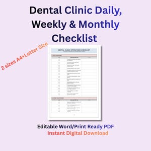 Könnte beinhalten: Eine Checkliste für eine Zahnklinik mit dem Text "Dental Clinic Daily, Weekly & Monthly Checklist". Das Dokument befindet sich in einem weißen Rahmen mit hellviolettem Hintergrund. Der Text "2 Größen A4+Letter Size" ist ebenfalls sichtbar. Der untere Teil des Bildes lautet "Editable Word/Print Ready PDF Instant Digital Download."