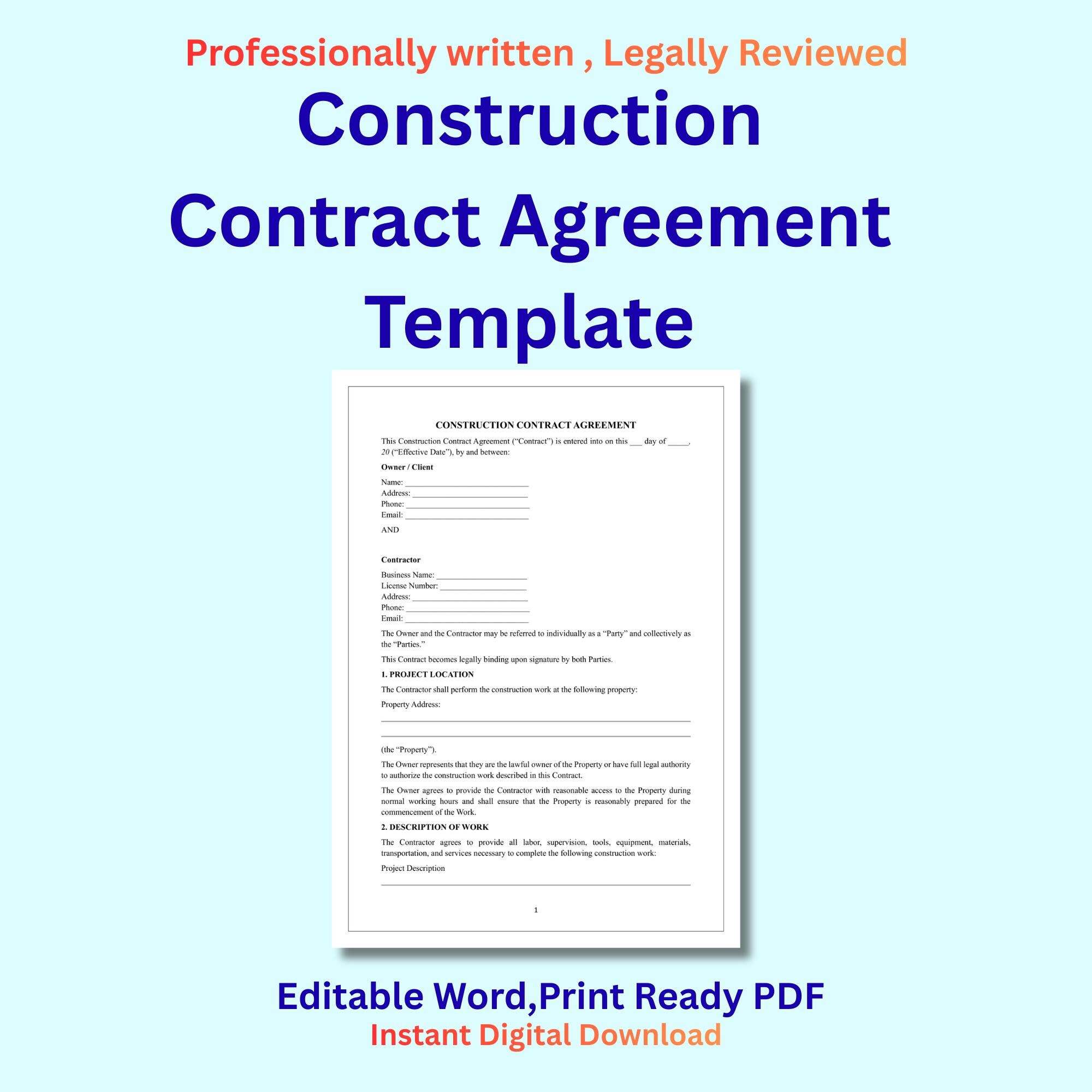 Construction Contract Agreement Template | Editable Builder Contract ...