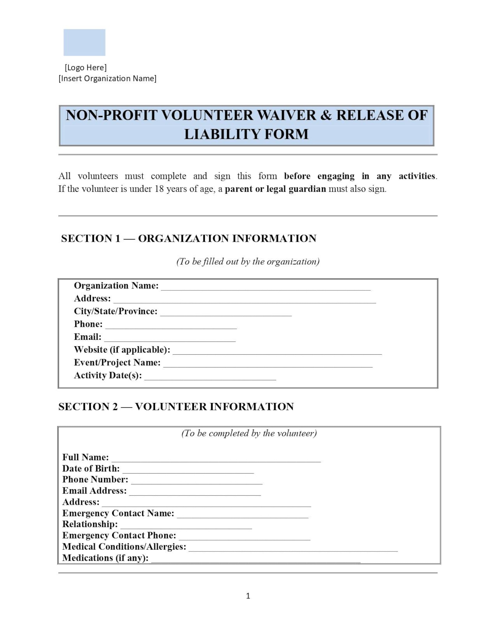 Nonprofit Volunteer Waiver & Release of Liability Form Charity