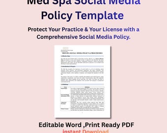 Op de afbeelding: Een document getiteld "Med Spa Social Media Policy Template" met de tekst "Bescherm uw praktijk en uw licentie met een uitgebreid social media beleid." Het document is een printklare PDF en is direct te downloaden.