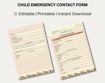 Puede incluir: Dos formularios de contacto de emergencia infantil beige con el texto: "CHILD EMERGENCY CONTACT FORM" y "Editable | Printable | Instant Download." Los formularios tienen secciones con líneas para información y un borde colorido.
