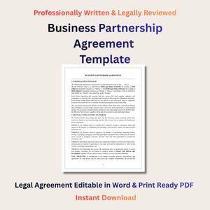 May include: A business partnership agreement template with the title "Business Partnership Agreement Template" in blue. The document is professionally written and legally reviewed. The text "Legal Agreement Editable in Word & Print Ready PDF" is also visible.