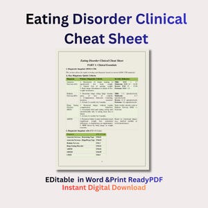 May include: A digital download of an eating disorder clinical cheat sheet. The document includes sections on clinical essentials, diagnostic criteria, and severity indicators. The text is in black on a white background, with the title in blue. The bottom of the image reads "Editable in Word & Print Ready PDF".