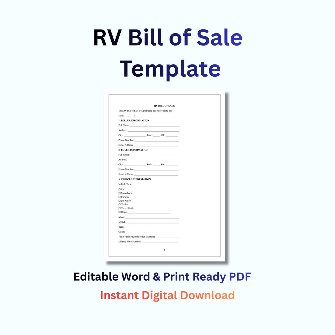 Editable RV Bill of Sale Template, Camper Bill of Sale, Motorhome Sale ...