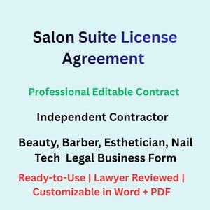 Puede incluir: Fondo azul claro con texto que dice "Salon Suite License Agreement". El texto adicional incluye "Professional Editable Contract", "Independent Contractor" y "Beauty, Barber, Esthetician, Nail Tech Legal Business Form".