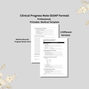 May include: Two white printable medical templates with the text "Clinical Progress Note (SOAP Format)", "Professional, Printable Medical Template", "Medical Records Progress Notes Form", and "3 Different Versions". The templates are on a light grey background.