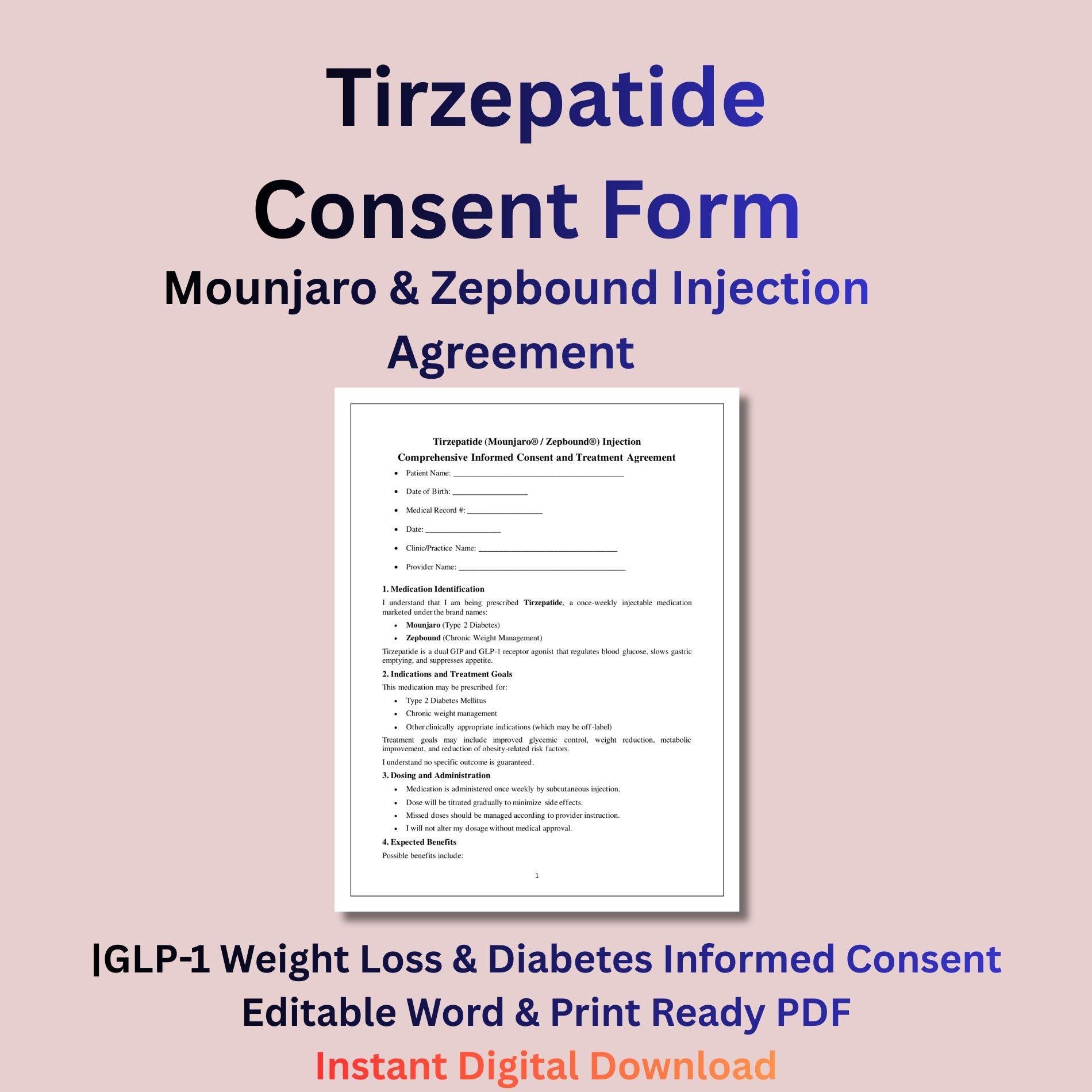 tirzepatide pdf Tirzepatide Consent Form | Mounjaro & Zepbound Injection Agreement | GLP-1  Weight Loss and Diabetes Informed Consent | Editable Word PDF