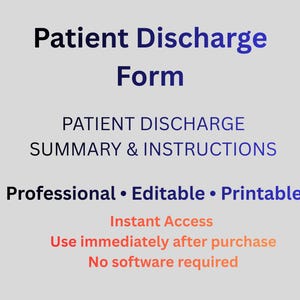 Op de afbeelding: Een digitaal document getiteld "Patient Discharge Form" met de tekst "Patient Discharge Summary & Instructions". Het document wordt beschreven als professioneel, bewerkbaar en afdrukbaar, met directe toegang en geen software vereist.