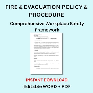Puede incluir: Un documento titulado "POLÍTICA Y PROCEDIMIENTO DE INCENDIOS Y EVACUACIÓN" con el texto "Marco Integral de Seguridad en el Trabajo" sobre un fondo azul claro. Descarga instantánea en formatos WORD + PDF editables.
