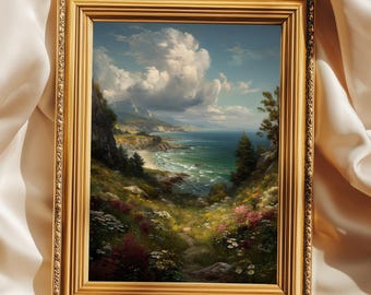 Lámina decorativa de prado de flores silvestres con motivos costeros y serenos paisajes marinos