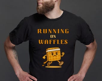 Camiseta para amantes de los waffles, Camiseta "Corriendo con waffles", Camiseta divertida para amantes del desayuno, Regalo con humor para el brunch, Ropa para amantes de la comida y el café, Vibras de persona mañanera