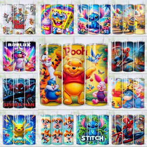 以下が含まれることがあります： トムとジェリー、スポンジボブ、スティッチ、ミニオンズ、ロブロックス、スパイダーマン、くまのプーさん、ピカチュウなど、さまざまな漫画のキャラクターが描かれたステンレス製のタンブラーのコレクション。各タンブラーにはストローとカラフルなデザインが施されています。