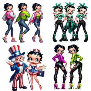 May include: Digital illustrations of Betty Boop in various outfits. Some images show her in a pink and green jacket with jeans, while others feature her in an AC/DC t-shirt and leather pants. One image shows Betty Boop with Uncle Sam.