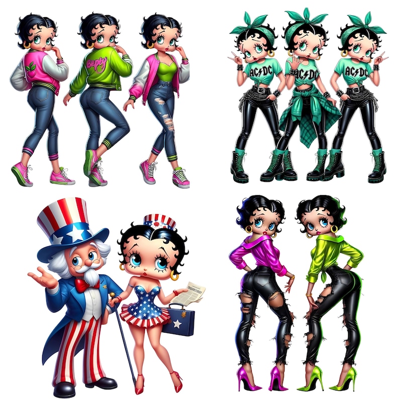 May include: Digital illustrations of Betty Boop in various outfits. Some images show her in a pink and green jacket with jeans, while others feature her in an AC/DC t-shirt and leather pants. One image shows Betty Boop with Uncle Sam.