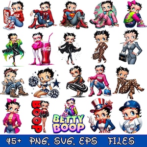 May include: A collection of Betty Boop illustrations in various outfits and poses. The images include Betty Boop dressed as superheroes, in casual wear, and in professional attire. The image also includes the text "Betty Boop" and "45+ PNG, SVG, EPS FILES".