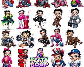 May include: A collection of Betty Boop illustrations in various outfits and poses. The images include Betty Boop dressed as superheroes, in casual wear, and in professional attire. The image also includes the text "Betty Boop" and "45+ PNG, SVG, EPS FILES".
