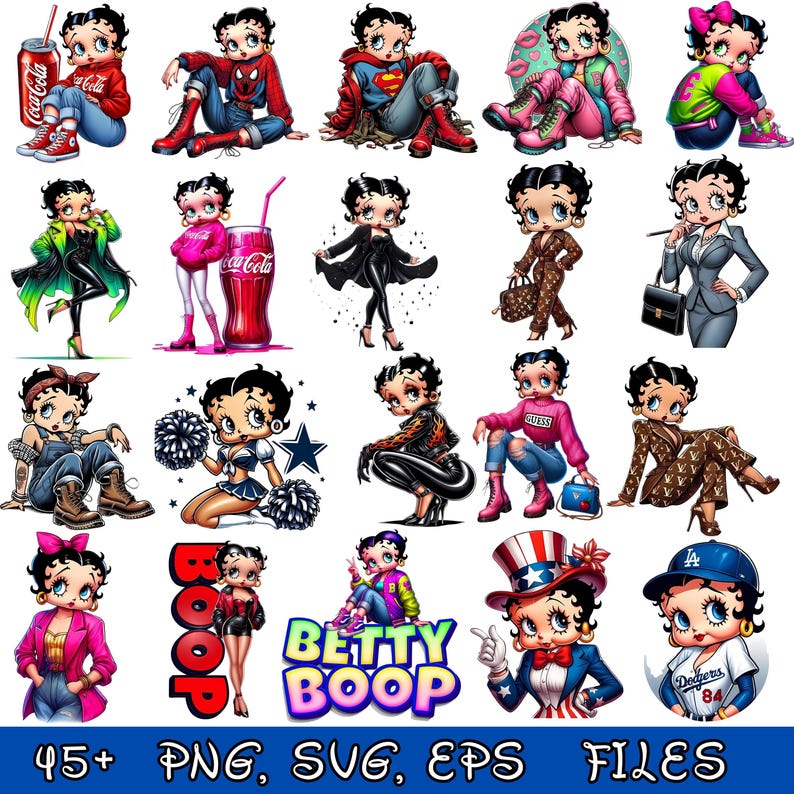 May include: A collection of Betty Boop illustrations in various outfits and poses. The images include Betty Boop dressed as superheroes, in casual wear, and in professional attire. The image also includes the text "Betty Boop" and "45+ PNG, SVG, EPS FILES".