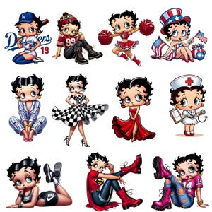 May include: A collection of cartoon Betty Boop illustrations in various outfits. The images include Betty Boop in a baseball uniform, a cheerleader outfit, a nurse's uniform, and other themed attire. Each image features Betty Boop with her signature large eyes and black hair.