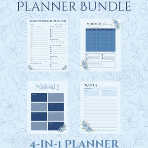 May include: A light blue planner bundle with the text "Aurora & Co. PLANNER BUNDLE". The bundle includes a daily personal planner, a monthly planner, a weekly planner, and a notes page. Floral accents are present.