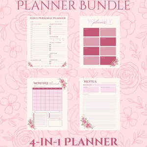 Peut inclure: Un ensemble de planificateurs rose et blanc d'Aurora & Co. comprend un planificateur personnel quotidien, un planificateur hebdomadaire, un planificateur mensuel et une page de notes. Le texte "4-IN-1 PLANNER INSTANT DOWNLOAD" est en bas. Des motifs floraux ornent les pages.