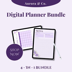 Peut inclure: Ensemble de planificateurs numériques avec un calendrier mensuel et des pages de notes sur deux tablettes. Les tablettes sont affichées sur un fond violet clair. Le texte "Digital Planner Bundle" et "4-IN-1 BUNDLE" sont visibles. Un stylet est à côté de la tablette de notes.