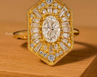 Moissanite Diamant Ring D Farbe Oval geschnitten Halo Cluster Cocktail 14K Gold Dainty Ehering für Jubiläumsgeschenk für Sie