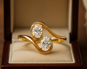 Toi et Moi Oval Moissanite Verlobungsring, Mini-Ring, Doppelstein Verlobungsring, Solid Goldring, Jubiläumsgeschenk für Frauen