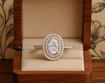 2.50 TCW Double Halo Oval Cut Moissanite Diamant Verlobungsring, 14K Goldring, Ehering, Jubiläumsgeschenk