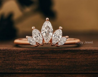Marquise Cut Moissanit Diamant Verlobungsring, 14K Gold Ehering, Band mit fünf Steinen, Zartes Passendes Geschwungenes Jubiläumsgeschenk