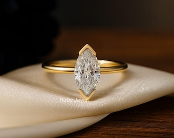 Halbe Lünette Marquise-Schnitt 14K Gold Moissanite Diamant Solitärring, Verlobungsring, Brautring, Versprechen, Jahrestagsgeschenk