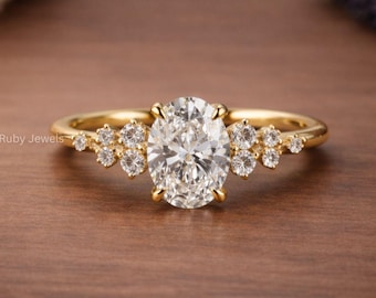 Ovalschliff Moissanit Diamant Verlobungsring, Solitär Cluster Akzentsteine, 14K Gelbgold, Hochzeitsvorschlag Ring, für Frauen