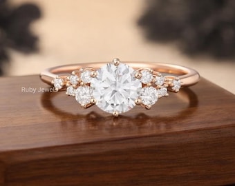Runder Moissanit Verlobungsring Einzigartiger Roségold-Verlobungsring Vintage Diamantclusterring Art-Deco-Hochzeitsversprechen Jahrestagsring