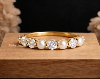Perle & Rundschliff Diamant Ring Perle Diamant Ehering, halber Eternity Ring, 14k Solid Gold Pearl Passendes Band Minimalist Schmuck Geschenk,