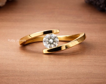 Runder Moissanit Diamant Verlobungsring, Fallstrick, Spandex Ring, 14K Gelbgold Solitär Ring für Frauen
