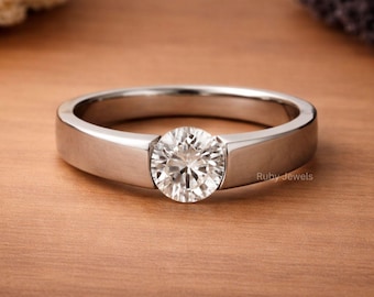 Tension Set Rundschliff Moissanit Ring, 14K Massiv Weißgold Breite Zigarrenband, Solitär Braut Verlobungsring,
