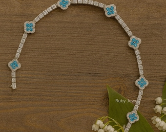 Moissanit Klee Kettenarmband mit 925 Sterling Silber, Diamant Cluster Armband, Diamant Blumen Armband, vierblättriges Kleeblatt Armband