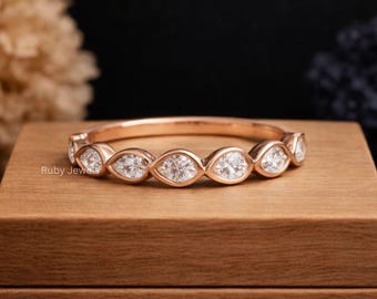 Moissanite Diamant Halbe Eternity Band Birne Diamant Ehering Real Lab Diamant Ring für Jahrestag Geschenke Birnen Stapelbarer Ring