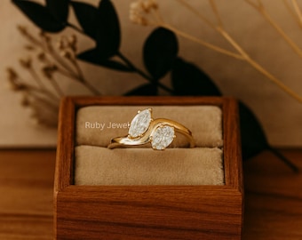 Toi et Moi Moissanite Ring: Marquise & Ovaler Zwei-Stein-Bypass-Schaftring, Jubiläumsgeschenk, Ring für Frauen,