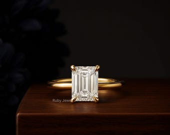 Moissanite Prong Ring, Smaragdschliff, Ehering, Solitär Verlobungsring, 14k vergoldeter Ring, simulierter Diamantring für Frauen,