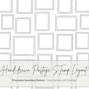 May include: A seamless pattern of hand-drawn postage stamps in a grid layout. The stamps are outlined in black on a white background. The text "Hand-drawn Postage Stamp Layout" is displayed across the image.