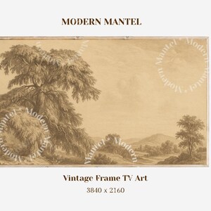 Puede incluir: Impresión de paisaje en tonos sepia con un gran árbol en primer plano. La obra de arte, etiquetada como "Modern Mantel" y "Vintage Frame TV Art", presenta una ilustración detallada de una escena natural con colinas y otros árboles.