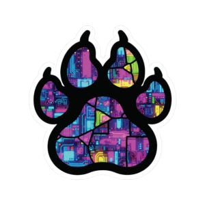 Cyberpunk Furry Paw Print Sticker | Neon Tech Alt Vinyl Decal