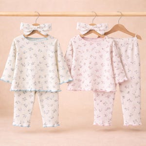 Conjunto de pijama infantil de canalé con estampado floral y diadema – Camiseta de manga larga y pantalón de algodón suave imagen 6