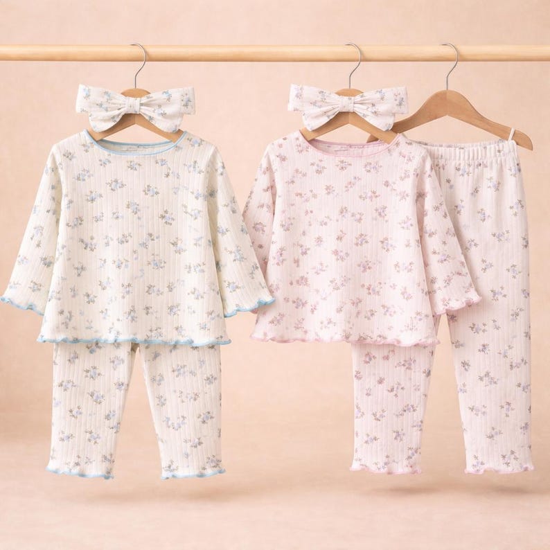 Conjunto de pijama infantil de canalé con estampado floral y diadema – Camiseta de manga larga y pantalón de algodón suave imagen 6
