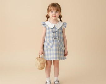 Baby Girl Blue Plaid Dress | Peter Pan Collar, Bow Detail, Cottagecore Style