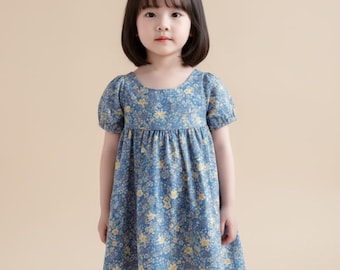 Blue Floral Toddler Dress – Vintage Inspired Cotton Summer Outfit, Back Bow Party Dress Kids