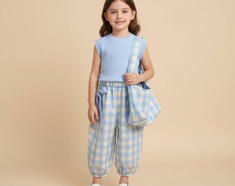 Blue Gingham Kids Outfit Set, Summer Toddler Clothes, Sleeveless Top + Plaid Pants + Matching Bag, Cute Comfy Kids Fashion