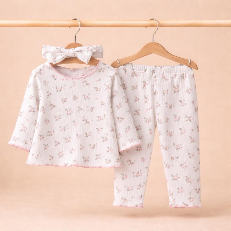 Puede incluir: Un conjunto de pijama blanco con estampado floral, que incluye una camiseta de manga larga, pantalones y una diadema a juego. El conjunto tiene ribetes rosas y est&aacute; colgado de una percha de madera.